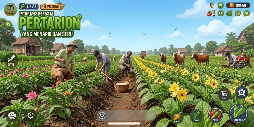 Tampilan gameplay L777 menampilkan ladang yang subur dan tanaman yang beragam.